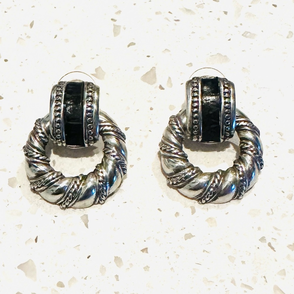 Brighton Door Knocker Pierced Earring Black Leather Accent STATEMENT 1.5"